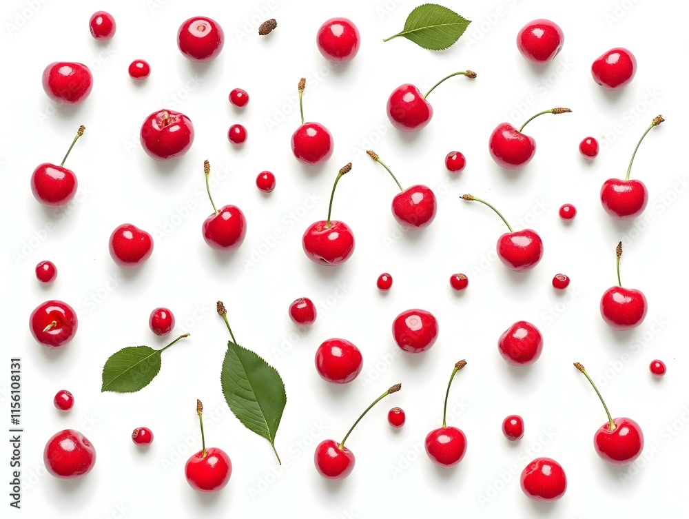red cherries scattered on a white background with green leaves interspersed, creating a visually appealing and organic pattern red cherries scattered on a white background with green leaves interspersed, creating a visually appealing and organic pattern