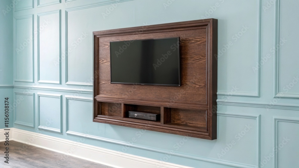 A fresh light blue wall serves as a serene backdrop for a dark wood TV mount merging modern functionality with a touch of natural warmth. A fresh light blue wall serves as a serene backdrop for a dark wood TV mount merging modern functionality with a touch of natural warmth.
