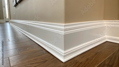 A fresh coat of paint emphasizes the sharp edges and angles of the baseboard while the neutral wall behind complements its elegance with a matte finish.