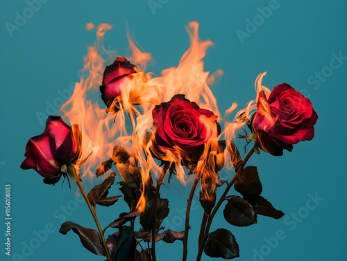 Fototapeta Naklejka Na Ścianę i Meble -  red roses engulfed in flames against a teal background, creating a dramatic and visually striking image, symbolic of passion, destruction, or transformation