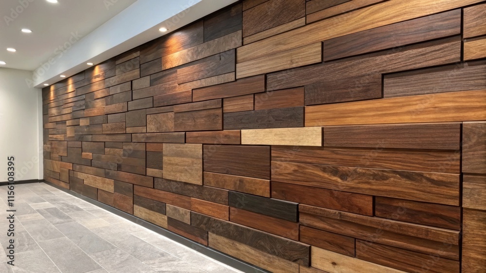 Fototapeta premium A dynamic mix of wall panels in various widths combines rich walnut and deep espresso wood colors each piece telling its own story through unique grain patterns.