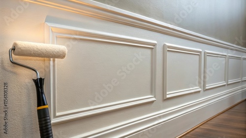 A focused look at the pristine prime job on the wall with light glancing off its newly prepared surface next to a paint roller expertly designed for reaching corners and edges with