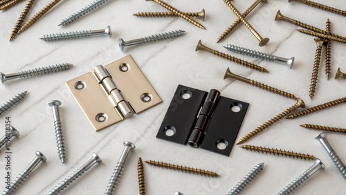 A flatview of a chaotic yet organized scene loose screws intermingled with sleek geometric hinges on a soft offwhite work surface that enhances their metallic hues. photo