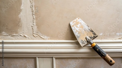 A finely rendered beige plaster wall contrasts with a nearby trowel its blade smeared with remnants of wet plaster. The surrounding area is clean and minimal emphasizing the