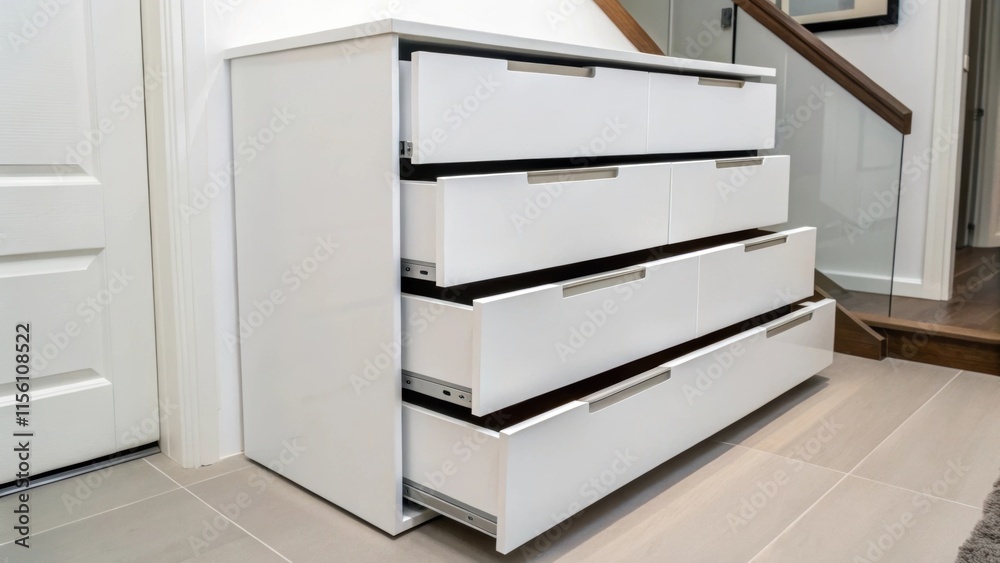 A diagonal view reveals a stack of sleek white cabinetry drawers minimalist in design reflecting contemporary aesthetics while emphasizing functionality in a compact space. A diagonal view reveals a stack of sleek white cabinetry drawers minimalist in design reflecting contemporary aesthetics while emphasizing functionality in a compact space.