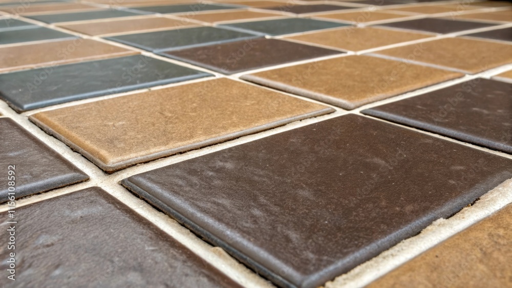 Fototapeta premium A detailed view of the grout lines surrounding a few completed tiles contrasting the smooth finish of the darker tiles against the earthy tones of adjacent ones.