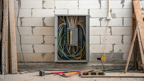 A disorganized array of tangled wires protruding from a slightly open electrical panel set against a backdrop of unfinished cinder blocks and tered tools.