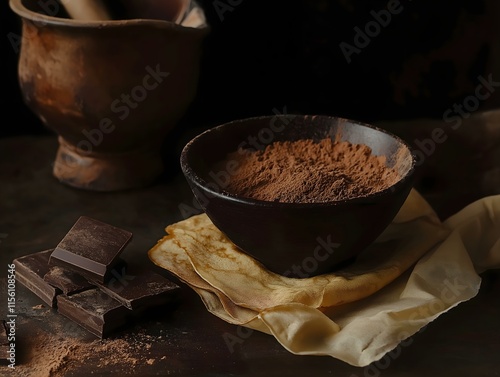 a close up image of a dark brown bowl filled with cocoa powder, accompanied by a piece of dark chocolate, creating a rich and decadent visual of chocolatey goodness photo