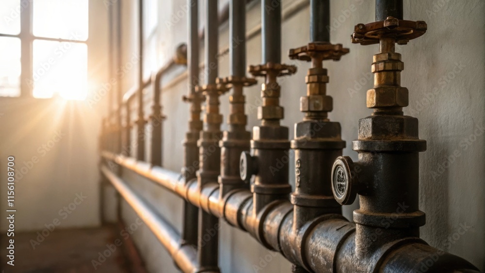 A detailed view of a of metal fittings and valves some rusted emerging from the wall surrounded by a halo of natural light streaming through a nearby window. A detailed view of a of metal fittings and valves some rusted emerging from the wall surrounded by a halo of natural light streaming through a nearby window.