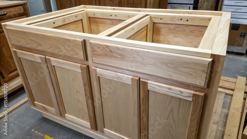 A detailed view of a newly constructed kitchen cabinetry frame featuring squaredoff edges and an unfinished interior emphasizing the raw beauty of the wood and the promise of photo