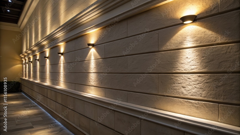 Obraz premium A detailed look at a section of the wall where the recessed lighting casts an intriguing interplay of light and shadow accentuating the simplicity of the space.