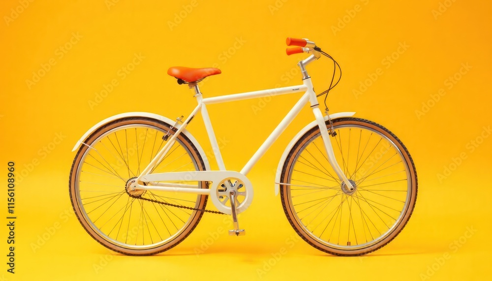 Fototapeta premium White bicycle with orange seat, handlebars on yellow background. Retro style illustration. Great for advertising bicycle shops cycling events. Transport vehicle for leisure activities. Perfect for