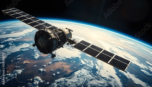 A satellite in orbit above Earth with extended solar panels and visible atmosphere. photo