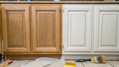 A detailed image capturing the juncture between two unfinished cabinets showcasing overlapping areas of primer application alongside untouched sections ready for the next stage of