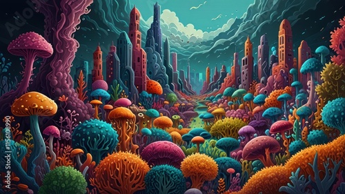 A Vibrant Fantasy Cityscape With Lush Colorful Fungi photo