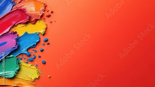 Abstract DEI banner with colorful paint strokes on a vivid orange surface with space for text, symbolizing diversity in the society. The image depicts bold shades and textures.