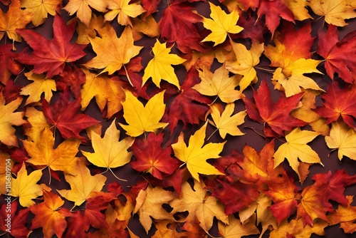 Scattered colorful red, orange and yellow fall maple leaves background. Colors of gold autumn. Seasonal decoration concept.