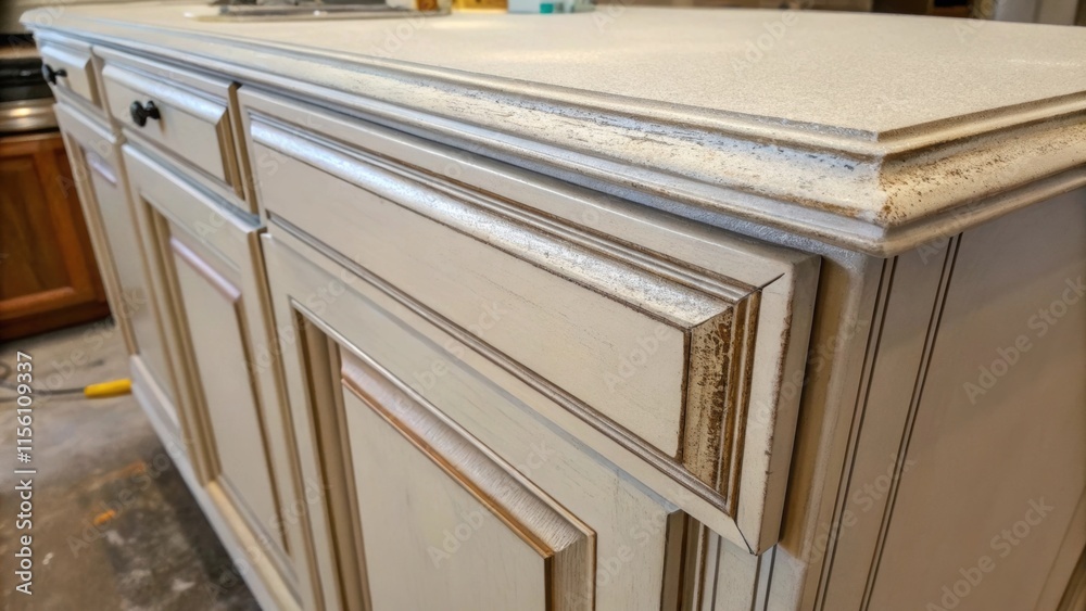Obraz premium A close view of the cabinets top edge where the primer has collected in a puddle the surrounding areas showcasing brush marks as a testament to the timeconsuming detailing process.