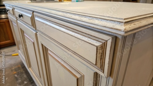 A close view of the cabinets top edge where the primer has collected in a puddle the surrounding areas showcasing brush marks as a testament to the timeconsuming detailing process. photo