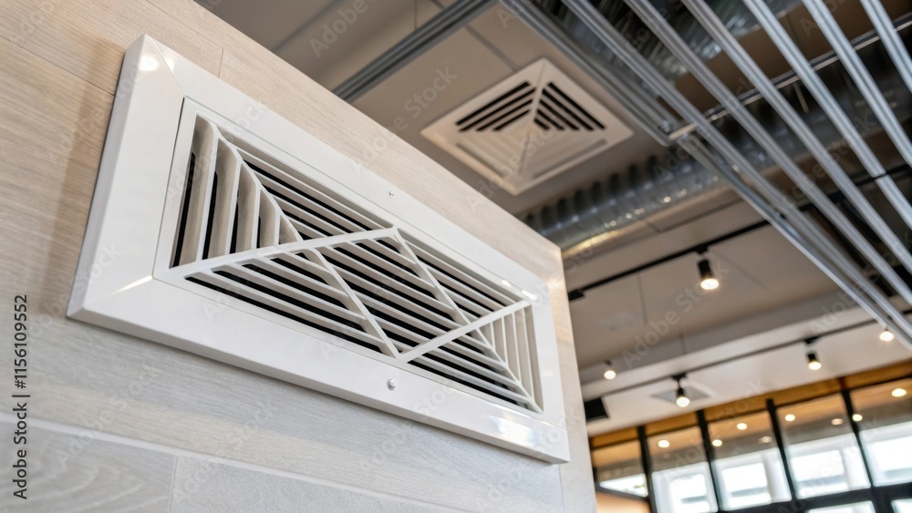 Fototapeta premium A closeup view of a rectangular heating vent with a minimalist design set within a contemporary open concept living area where exposed ducts crisscross overhead in a dynamic