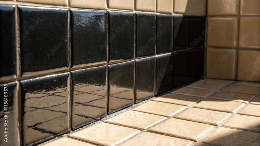 A closeup view of a corner where glossy black tiles meet ungrouted beige tiles the lighting creating dramatic shadows and reflections on their surfaces. A closeup view of a corner where glossy black tiles meet ungrouted beige tiles the lighting creating dramatic shadows and reflections on their surfaces.