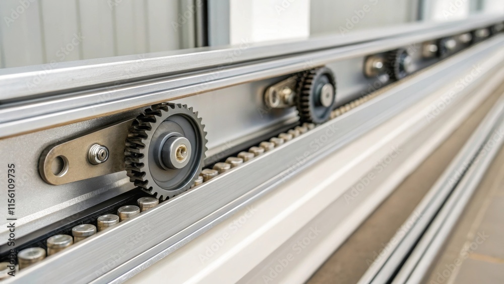A closeup reveals the intricate mechanisms of the sliding door track showcasing the precision engineering that allows for seamless movement along the wall. A closeup reveals the intricate mechanisms of the sliding door track showcasing the precision engineering that allows for seamless movement along the wall.