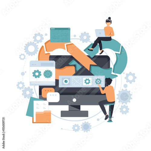 DevOps developers work with computers scene. DevOps engineers web design with people. Development operations composition in flat style. Vector illustration for social media promotional materials.