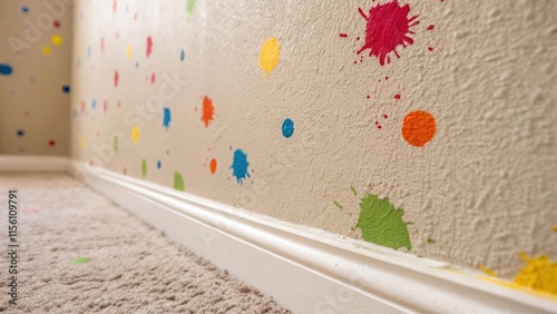 A closeup on the walls surface where a few stray paint splatters remain portraying a DIY aesthetic as the room prepares for a more acousticallyfriendly atmosphere.