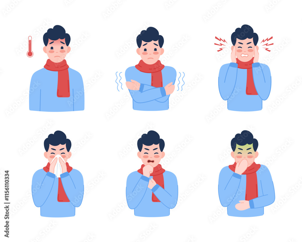 Flu symptoms. Man showing cold symptoms. Flu symptoms, fever, cough, chills, dizziness, nausea, runny nose, headache, sore throat, illness. Vector set for flu prevention poster. Flu symptoms. Man showing cold symptoms. Flu symptoms, fever, cough, chills, dizziness, nausea, runny nose, headache, sore throat, illness. Vector set for flu prevention poster.