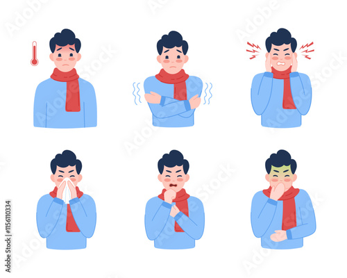 Flu symptoms. Man showing cold symptoms. Flu symptoms, fever, cough, chills, dizziness, nausea, runny nose, headache, sore throat, illness. Vector set for flu prevention poster.