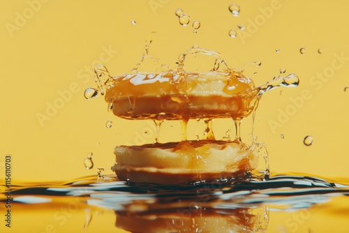 Golden Waffles Soaked In Sweet Syrup Splashing photo