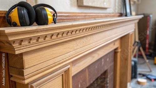 A closeup highlighting the joints of the mantel as they meld together with a hint of wood glue still visible. A pair of ear protection earmuffs is strewn alongside hinting at noisy
