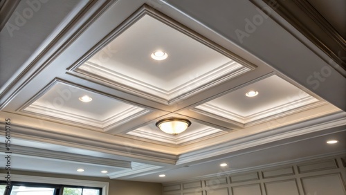 A closeup detailing the smooth integration of a recessed light in a coffered ceiling where elegantly raised panels complement the modern fixture.