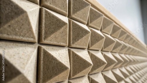 A closein view capturing the acoustic panels surface irregularities showcasing the craftsmanship that enhances sound absorption contrasted against a blurred neutral backdrop. photo