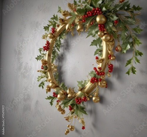 A golden garland with holly leaves and berries hangs on a wall ,  ornaments,  Christmas