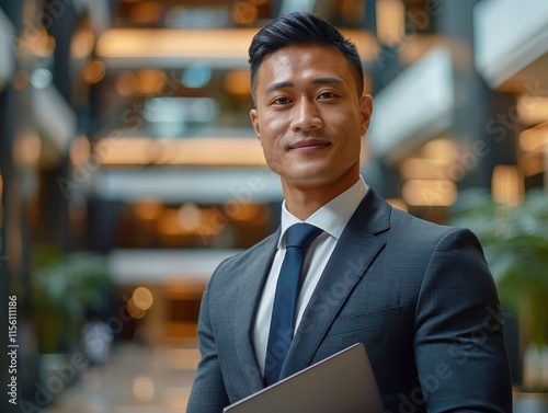 A young businessman in a suit smiles confidently in a modern co-working space, exuding professionalism and positivity.
