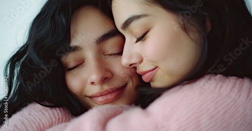 Two beautiful young women hugging, one with long black hair and the other with straight brown hair, wearing pink tops, against a white background. Photorealistic, cinematic, close-up. 