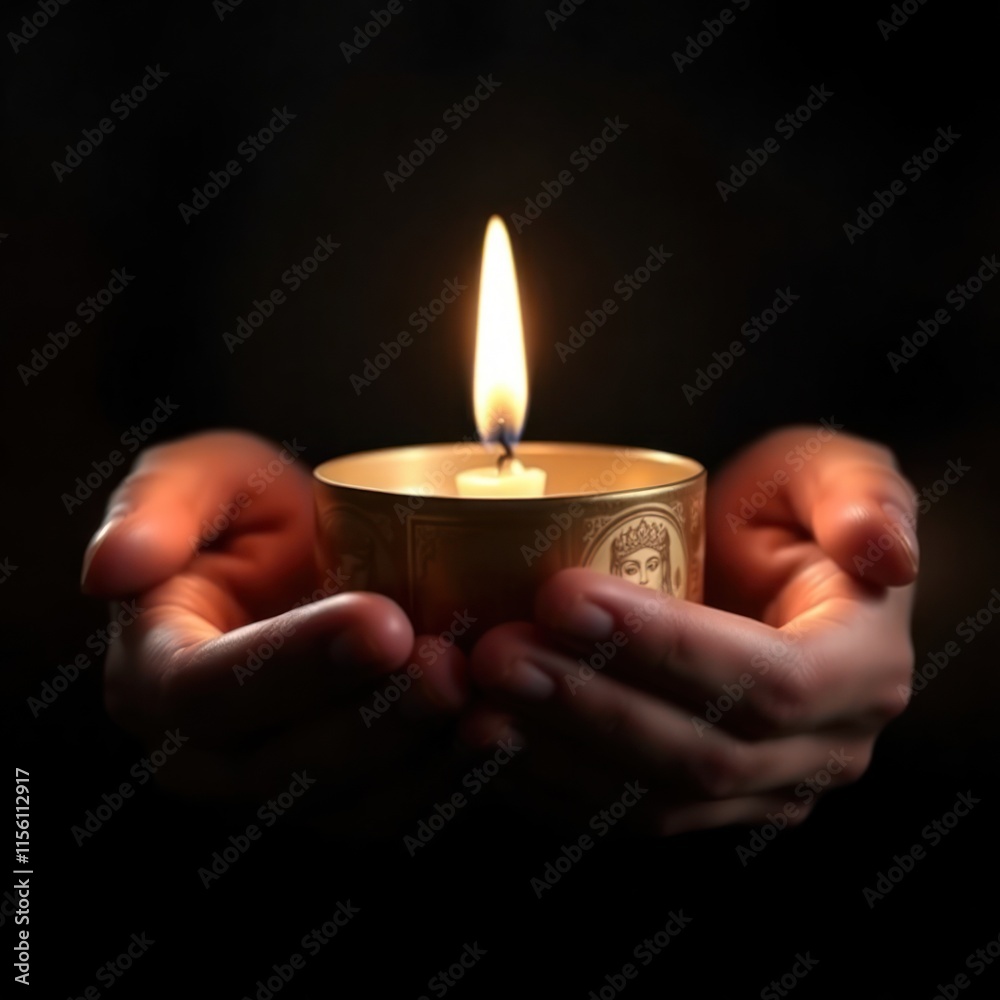 Cupped hands hold flickering candle. Warmth of light in dark background. Spiritual moment of peace, hope. Person prays meditates. Image evokes faith, love. Potential for religious personal ceremony. Cupped hands hold flickering candle. Warmth of light in dark background. Spiritual moment of peace, hope. Person prays meditates. Image evokes faith, love. Potential for religious personal ceremony.