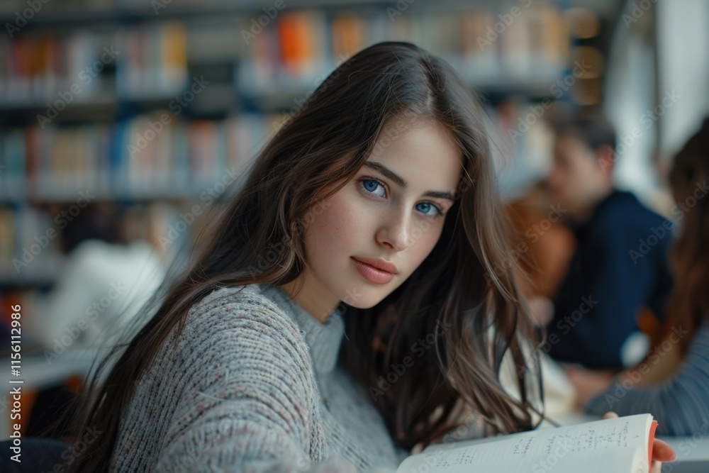 A young woman with long brown hair is writing in a notebook in a library setting, surrounded by blurred bookshelves and people in the background. A young woman with long brown hair is writing in a notebook in a library setting, surrounded by blurred bookshelves and people in the background.