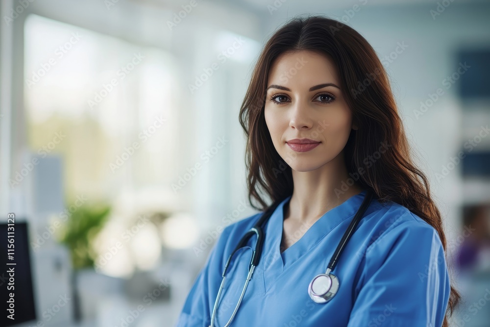 Female physician in blue scrubs providing care in a contemporary medical facility