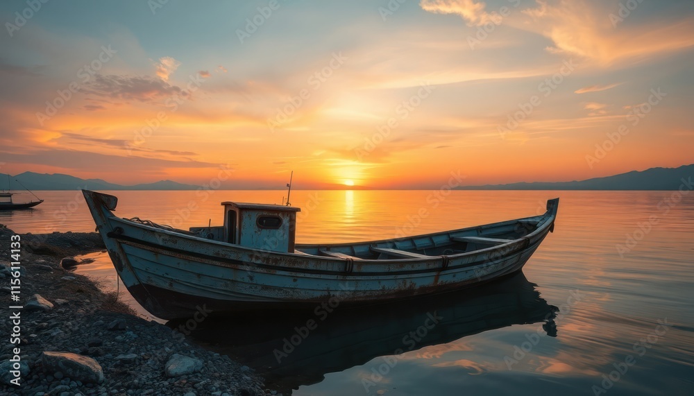 Rusty boat docks at tranquil sunset. Calm water reflects golden sky. Peaceful scene. Scenic seaside view. Old boat on shoreline. Nature photography. Calm peaceful scene. Beautiful landscape image. Rusty boat docks at tranquil sunset. Calm water reflects golden sky. Peaceful scene. Scenic seaside view. Old boat on shoreline. Nature photography. Calm peaceful scene. Beautiful landscape image.