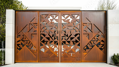 Bold corten steel gate with weathered rust finish and laser-cut geometric patterns, leading to an exclusive modern art residence photo