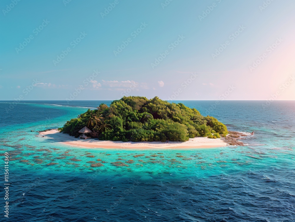 Fototapeta premium Aerial view of a vibrant atoll with lush greenery, surrounded by turquoise waters, exuding a serene and tropical paradise vibe.