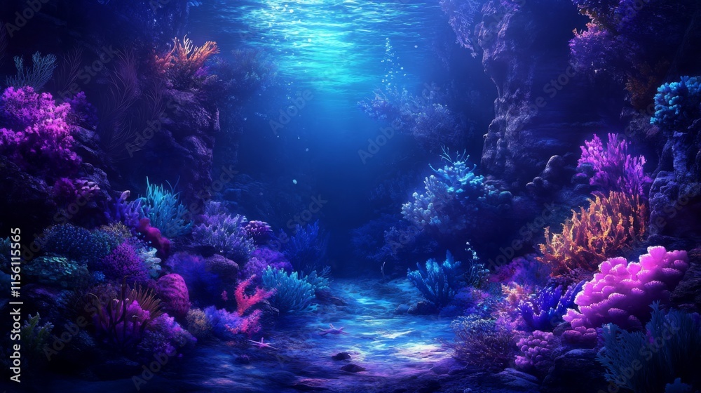 Colorful Patterns in a Dramatic Underwater Reef Scene Colorful Patterns in a Dramatic Underwater Reef Scene