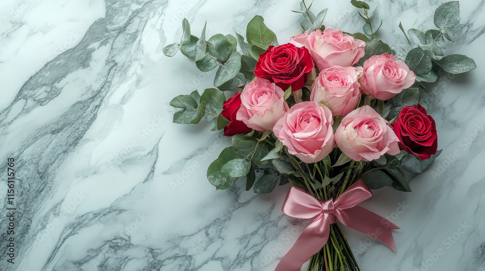 Fototapeta premium Elegant Bouquet of Pink and Red Roses on Marble