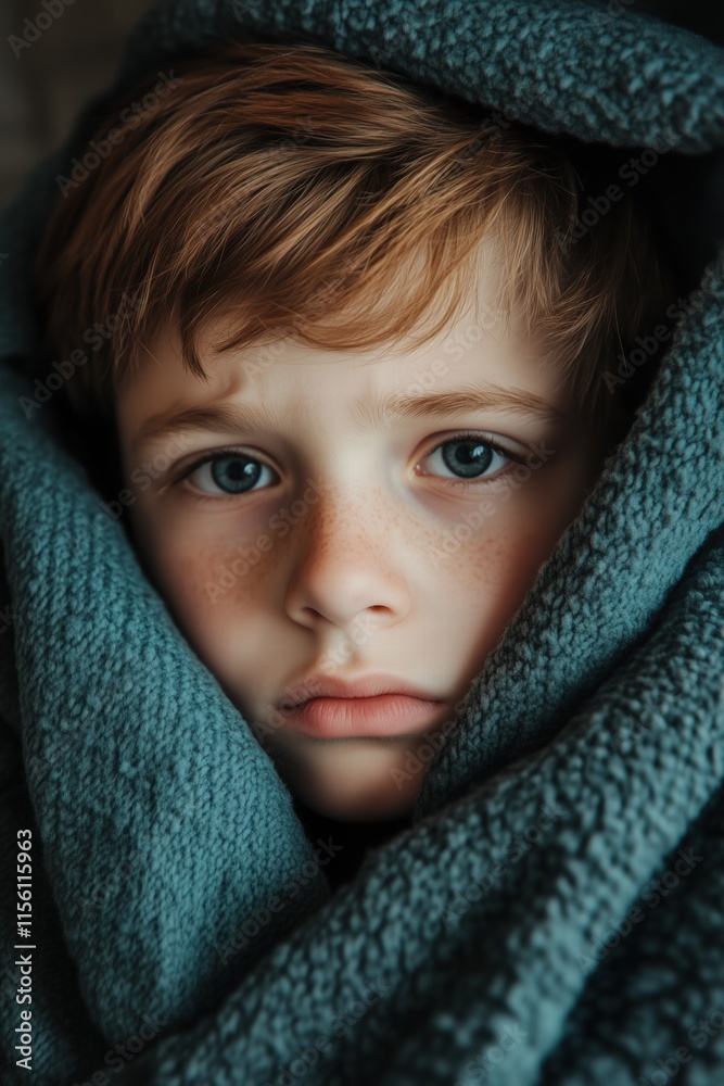 A close-up portrait of a young boy wrapped in a soft, textured blanket. He has striking blue eyes and light brown hair, with a serious expression on his face. A close-up portrait of a young boy wrapped in a soft, textured blanket. He has striking blue eyes and light brown hair, with a serious expression on his face.