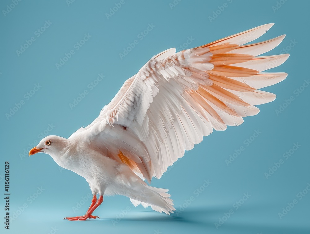 Obraz premium A white bird with orange-tipped wings extended, set against a light blue background, showcasing elegance and tranquility.