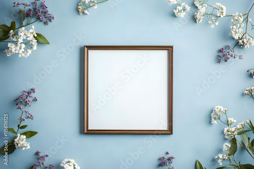 Spring flower frame on blue background copy space flat lay mock up