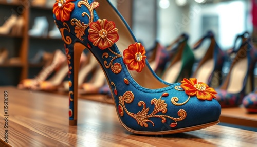 Intricate floral embroidery decorates high heel shoes. Stylish, unique footwear. Hand-made design on deep blue leather. Beautiful colorful details add luxury, elegant style. Artisan craftmanship. photo