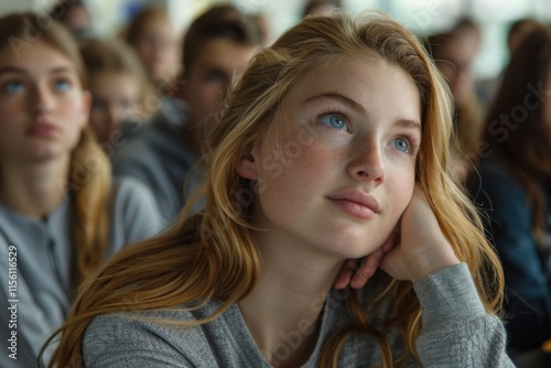 Wallpaper Mural A thoughtful teenage girl with long hair sits in a classroom, looking attentive and engaged during a lecture. Torontodigital.ca